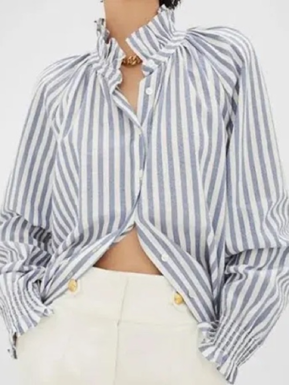 Veronica Beard Blue and White Vertical Stripe Ruffle Collar Button-Down